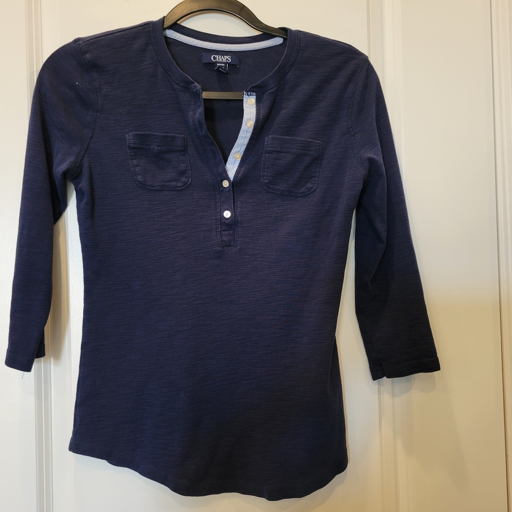 Chaps Blue 3/4 Sleeve Fitted Blouse with Mandarin Collar